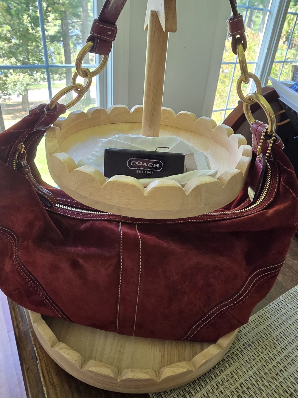 Coach Women's Suede Hobo Shoulder Bag in Burgundy Y2K Medium Size And Roomy